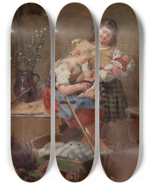 Triptych art skateboard deck of Georg Rssler Zwei Mdchen Mit Puppen by Georg Rossler (1861-1925)
