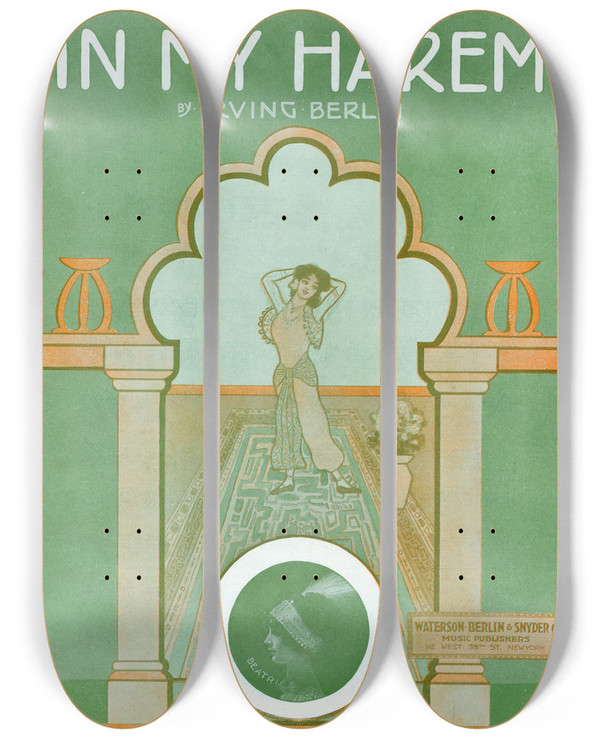 Triptych art skateboard deck of Gene Buck In My Harem by Gene Buck (1885-1957)
