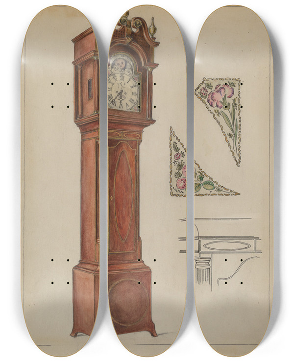 Triptych art skateboard deck of Elizabeth Curtis Tall Clock by Elizabeth Curtis