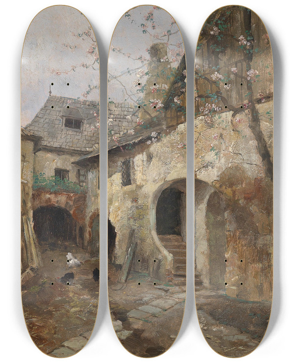 Triptych art skateboard deck of Paul Unbereit Hof In Joching by Paul Unbereit (1884-1937)
