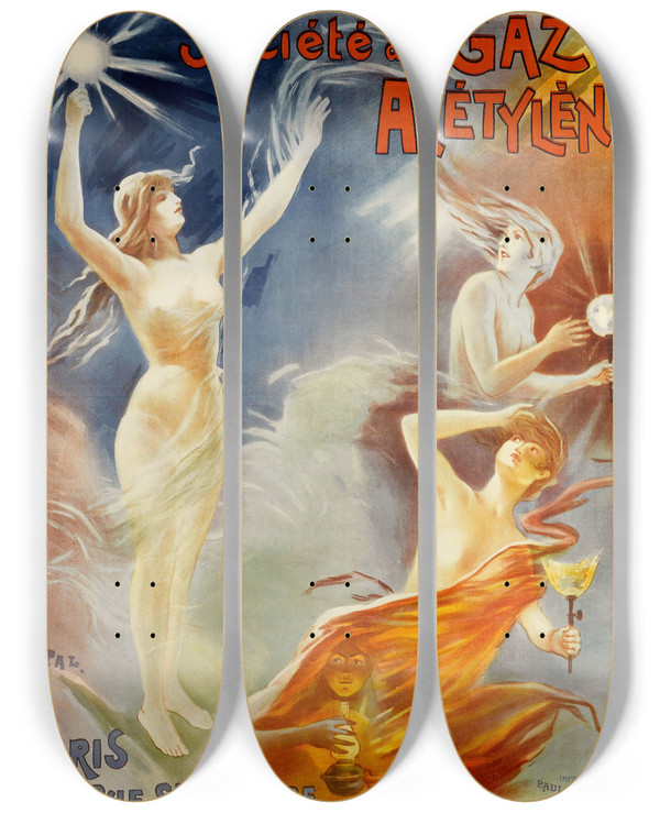 Triptych art skateboard deck of Jean De Paleologue Socit Du Gaz Acetylene by Jean de Paleologue (1855-1942)