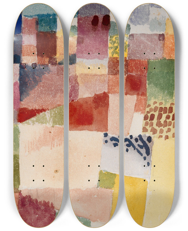 Triptych art skateboard deck of Paul Klee Motif From Hammamet by Paul Klee (1879-1940)