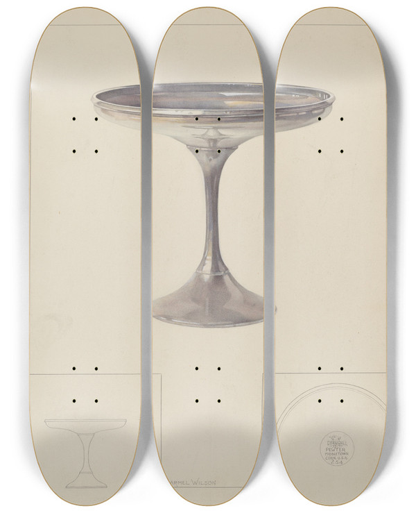 Triptych art skateboard deck of Carmel Wilson Pewter Compote by Carmel Wilson