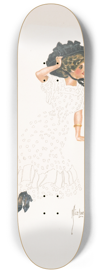 Alice Luella Fidler - Woman seated holding onto hat and crossing ankles 8.25 inch art skate deck