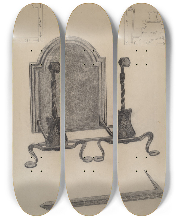 Triptych art skateboard deck of Ludmilla Calderon Andirons And Fireback by Ludmilla Calderon