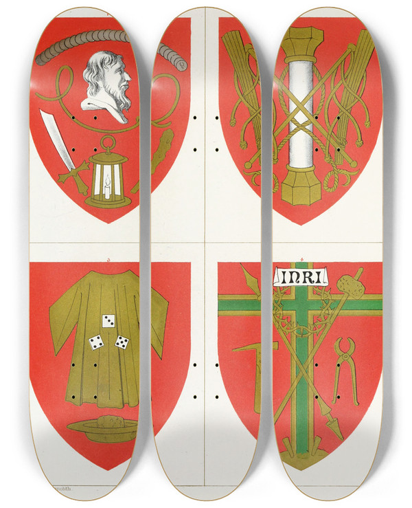 Triptych art skateboard deck of Augustus Pugin Emblems Of Our Lords Passion_1 by Augustus Pugin (1812-1852)
