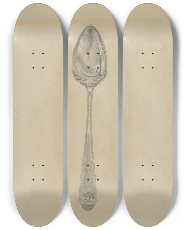 Triptych art skateboard deck of Joseph Guarino Silver Soup Spoon by Joseph Guarino
