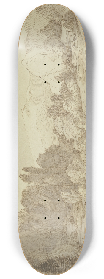 Jacob Esselens - Gebirgslandschaft mit einem Waldbach, an welchem ein Angler sitzt 8.25 inch art skate deck
