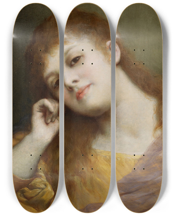 Triptych art skateboard deck of Gabriel Von Max Bildnis Eines Jungen Mdchens by Gabriel Von Max (1840-1915)