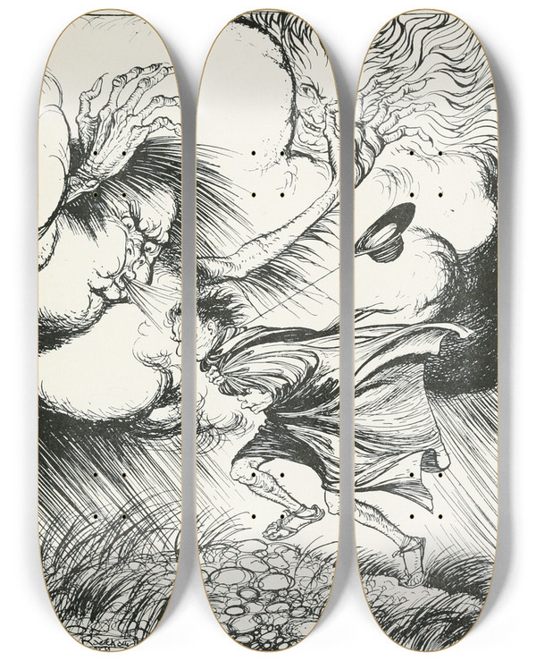 Triptych art skateboard deck of Arthur Rackham The North Wind And The Sun by Arthur Rackham (1867-1939)