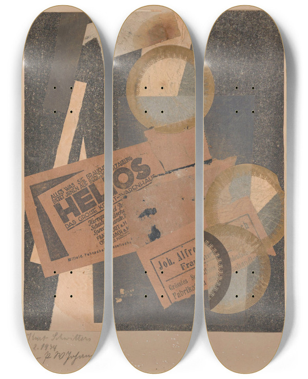 Triptych art skateboard deck of Kurt Schwitters Helios by Kurt Schwitters (1887-1948)