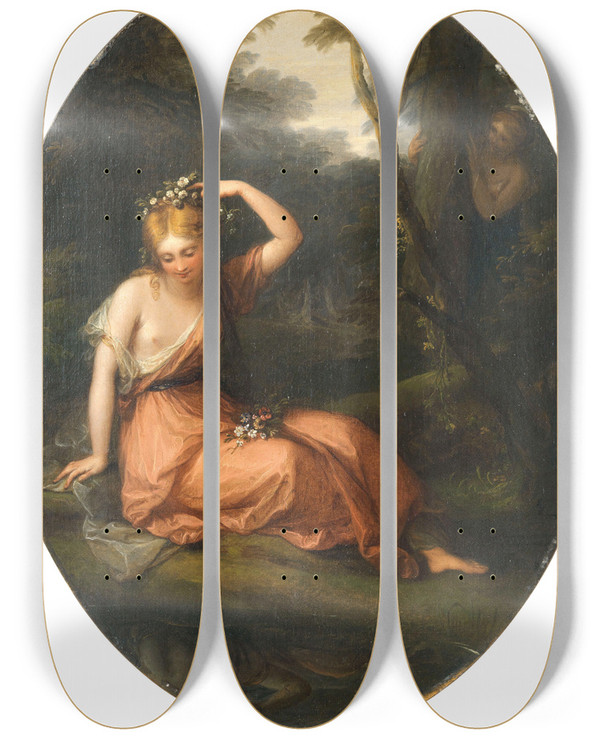 Triptych art skateboard deck of Angelica Kauffmann Silvia Decorating Herself With Flowers While Observed By Daphne by Angelica Kauffmann (1741-1807)