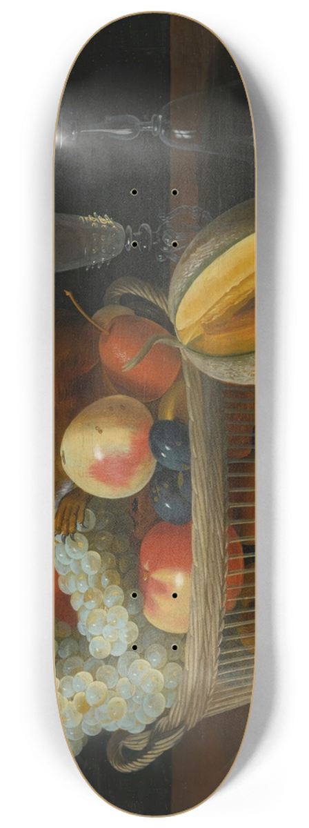 Jacob Foppens van Es - Still Life With A Basket Of Fruit AndA Squirrel, Glasses, And A Cut Melon On A Tabletop 8.25 inch art skate deck