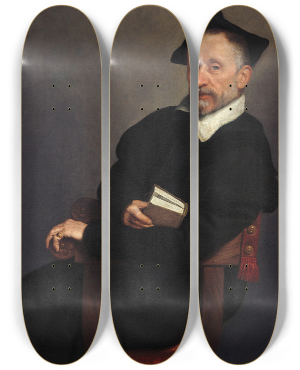 Triptych art skateboard deck of Giovanni Battista Moroni Titians Schoolmaster by Giovanni Battista Moroni (1525-1578)