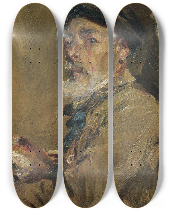 Triptych art skateboard deck of Francesc Gimeno Selfportrait With Cap by Francesc Gimeno (1858-1927)