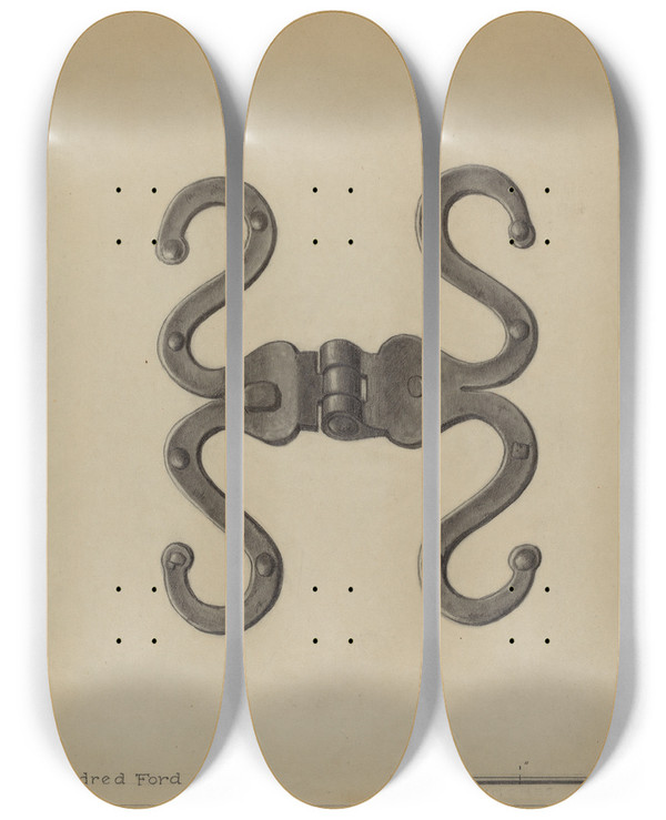 Triptych art skateboard deck of Mildred Ford Pa German Hinge by Mildred Ford (20-)