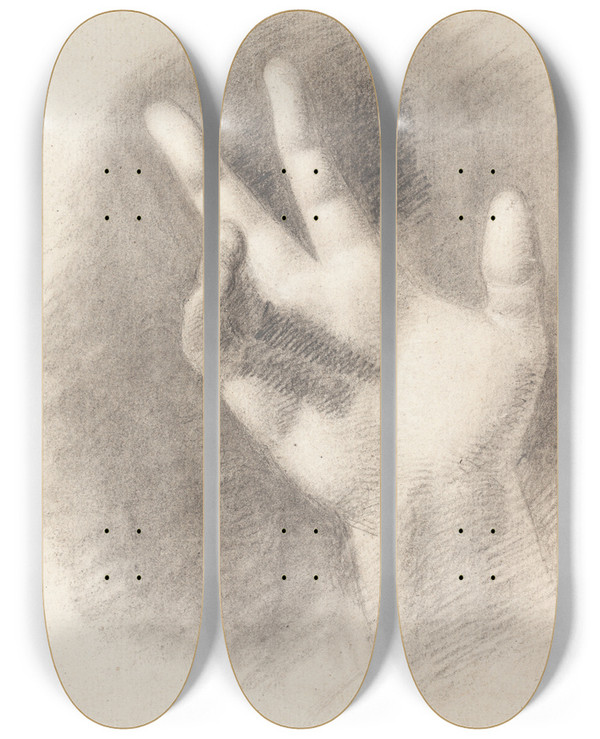 Triptych art skateboard deck of Benjamin Robert Haydon Study Of A Right Hand Recto by Benjamin Robert Haydon (1786-1846)