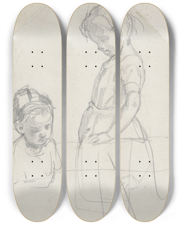 Triptych art skateboard deck of August Alleb Studie Van Twee Kinderen by August Allebe (1838-1927)