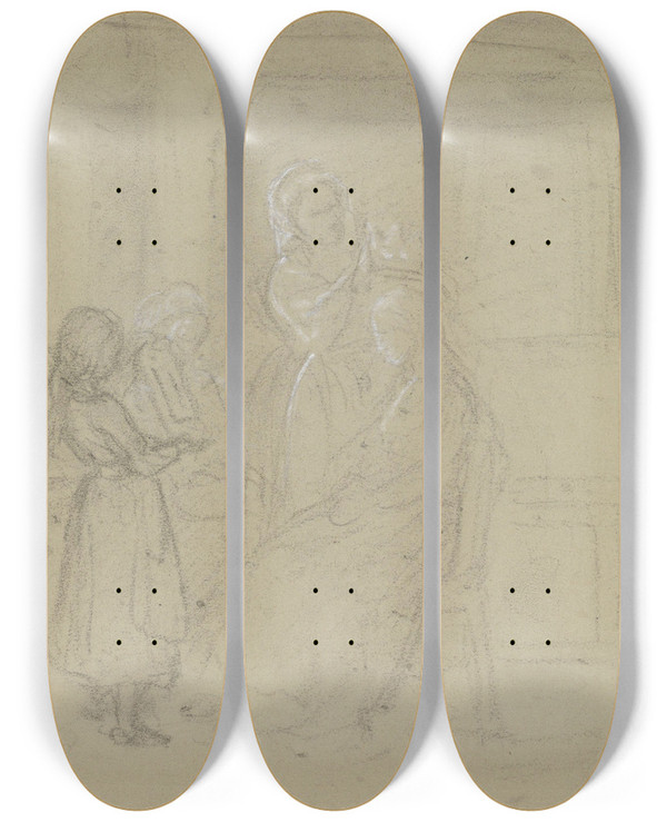 Triptych art skateboard deck of Adolph Tidemand Brudepynting by Adolph Tidemand (1814-1876)