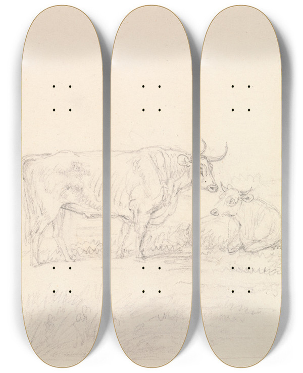 Triptych art skateboard deck of Samuel Howitt Bull And Cow by Samuel Howitt (1756-1822)
