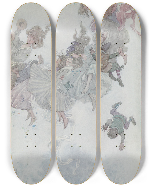Triptych art skateboard deck of William Heath Robinson Round And Round They Went Such Whirling And Twirling by William Heath Robinson (1872-1944)