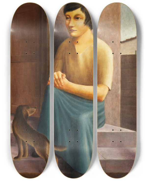 Triptych art skateboard deck of Georg Schrimpf Mdchen Mit Hund by Georg Schrimpf (1889-1938)