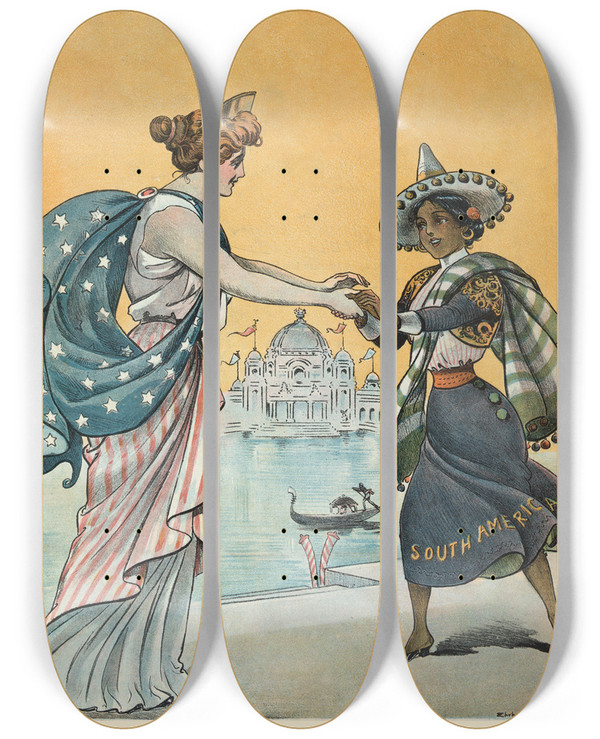 Triptych art skateboard deck of Samuel Ehrhart Panamerican Puck by Samuel Ehrhart (1862-1937)