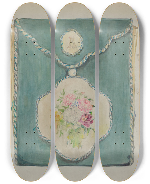 Triptych art skateboard deck of Cecily Edwards Handkerchief Folder by Cecily Edwards