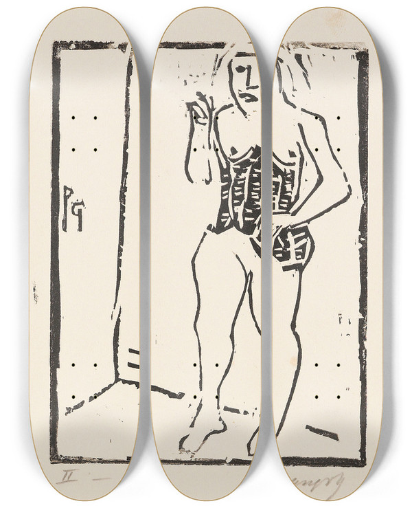Triptych art skateboard deck of Paul Gangolf Mdchen Im Schwarzen Leibchen by Paul Gangolf (1879-1936)