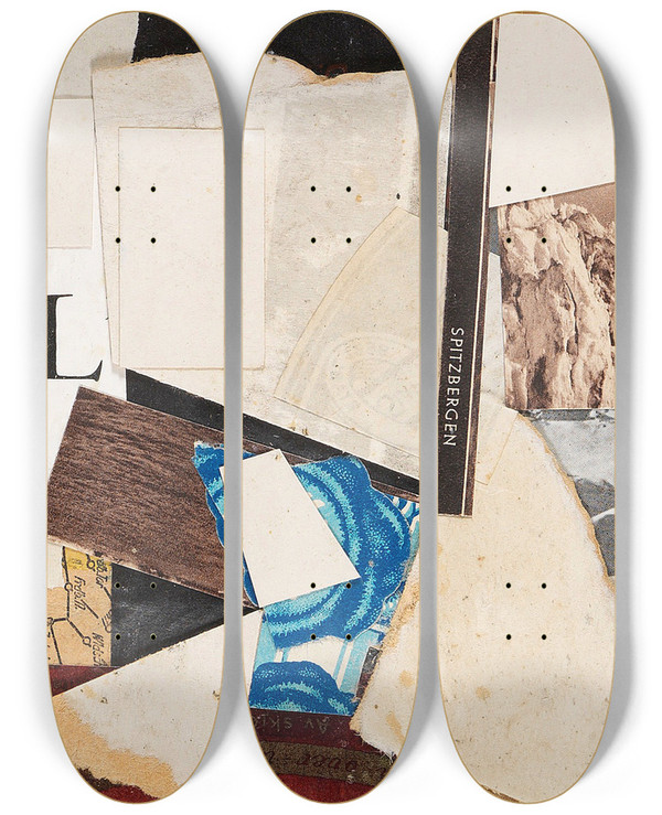 Triptych art skateboard deck of Kurt Schwitters Spitzbergen Merzzeichnung by Kurt Schwitters (1887-1948)