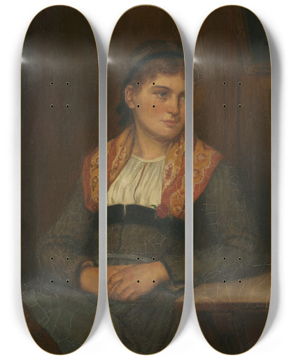 Triptych art skateboard deck of Benjamin Vautier Peasant Girl by Benjamin Vautier (1829-1898)