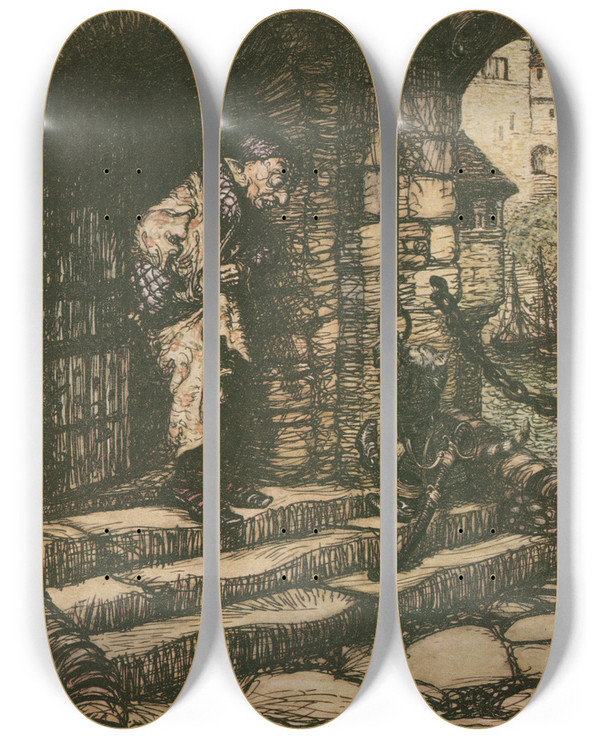 Triptych art skateboard deck of Arthur Rackham Puss In Boots by Arthur Rackham (1867-1939)