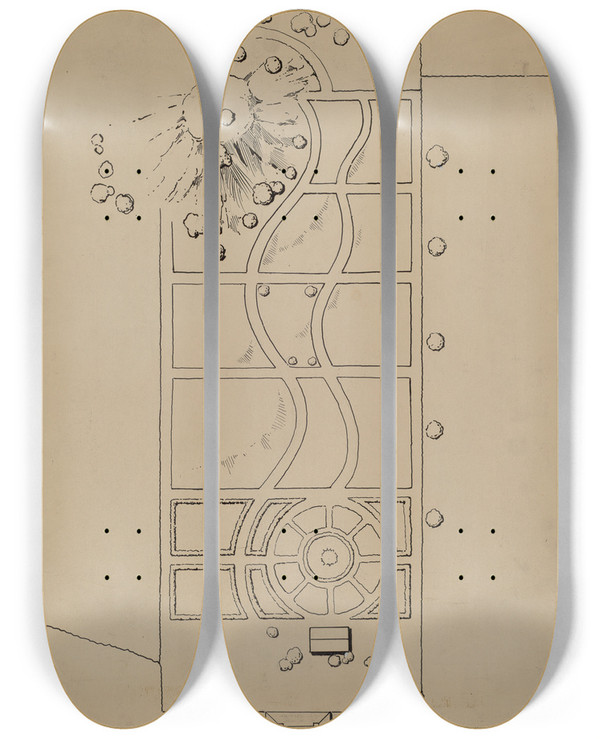 Triptych art skateboard deck of Gilbert Sackerman Gardens by Gilbert Sackerman (20-)