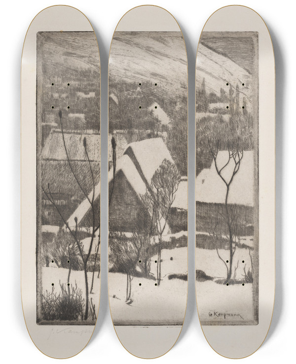 Triptych art skateboard deck of Gustav Kampmann Dorf Im Schnee by Gustav Kampmann (1859-1917)