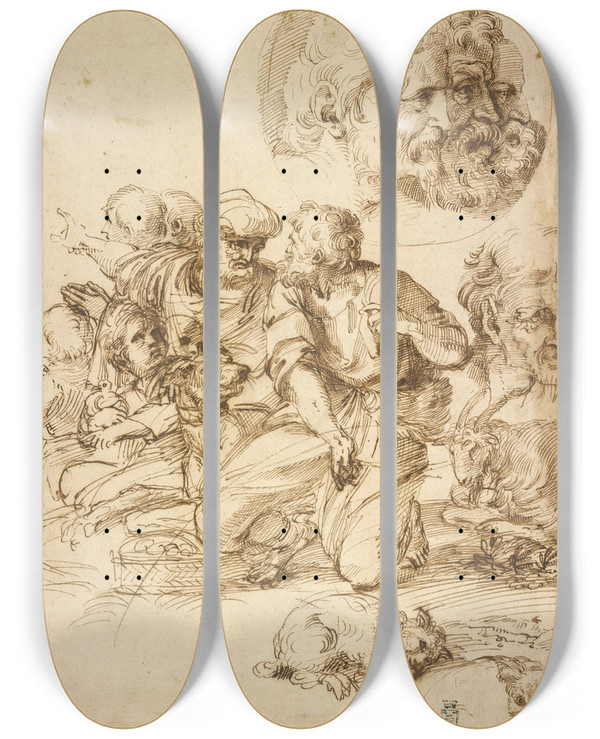 Triptych art skateboard deck of Agostino Carracci A Group Of Shepherds And Other Studies by Agostino Carracci (1557-1602)