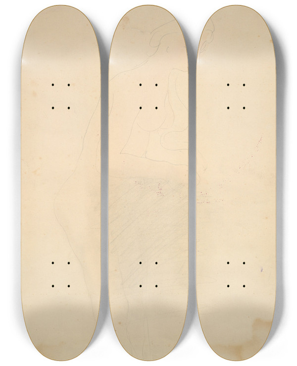 Triptych art skateboard deck of Auguste Rodin Nude Standing Rightprofile by Auguste Rodin (1840-1917)