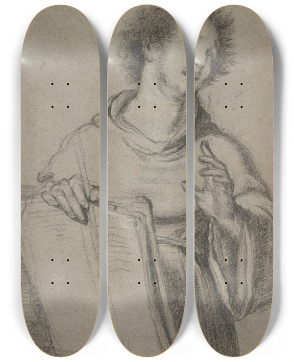 Triptych art skateboard deck of Bernardo Strozzi Halflength Study Of A Monk Holding A Book And A Long Implement by Bernardo Strozzi (1581-1644)