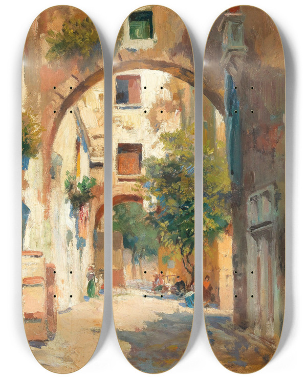 Triptych art skateboard deck of Carlo Brancaccio Sdliche Straenszene by Carlo Brancaccio (1861-1920)