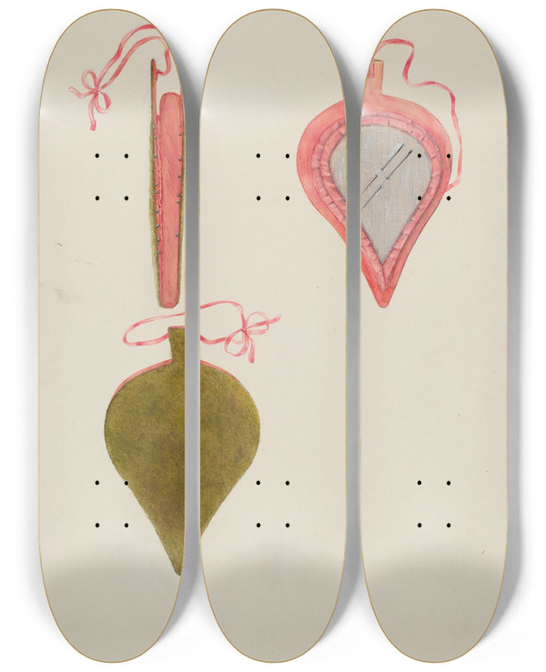 Triptych art skateboard deck of Ann Gene Buckley Needle And Pin Case by Ann Gene Buckley