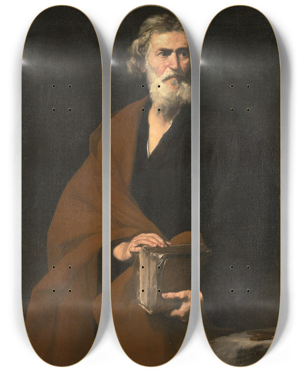 Triptych art skateboard deck of Jusepe De Ribera Saint Matthew by Jusepe de Ribera (1591-1652)