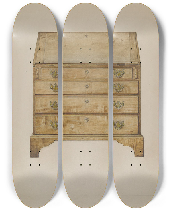Triptych art skateboard deck of Robert Birrell Writing Desk by Robert Birrell