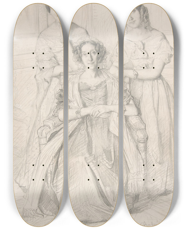 Triptych art skateboard deck of Thodore Chassriau The Baroness Duperr And Her Daughters by Theodore Chasseriau (1819-1856)