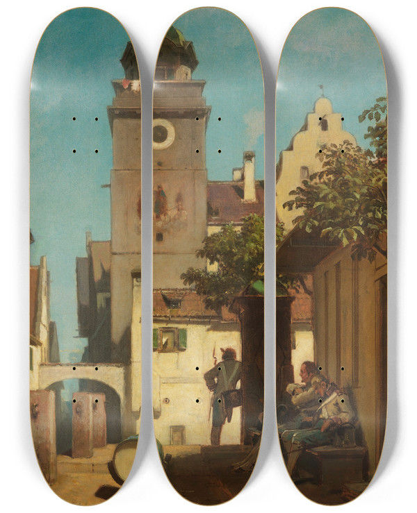 Triptych art skateboard deck of Carl Spitzweg Die Stadtwache by Carl Spitzweg (1808-1880)