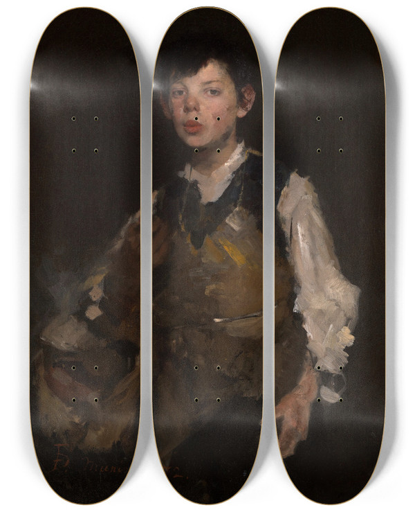 Triptych art skateboard deck of Frank Duveneck The Whistling Boy by Frank Duveneck (1848-1919)
