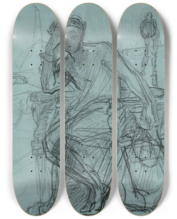 Triptych art skateboard deck of Thomas Couture Damocls Assis by Thomas Couture (1815-1879)