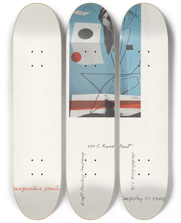 Triptych art skateboard deck of Sam Maitin Imaginative Printing by Sam Maitin (1928-2004)