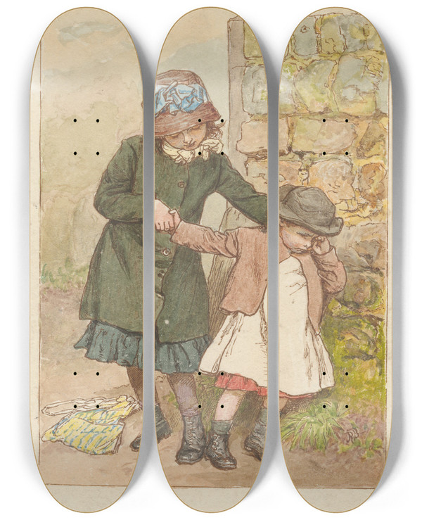 Triptych art skateboard deck of Robert Barnes Two Girls One Crying by Robert Barnes (1840-1895)