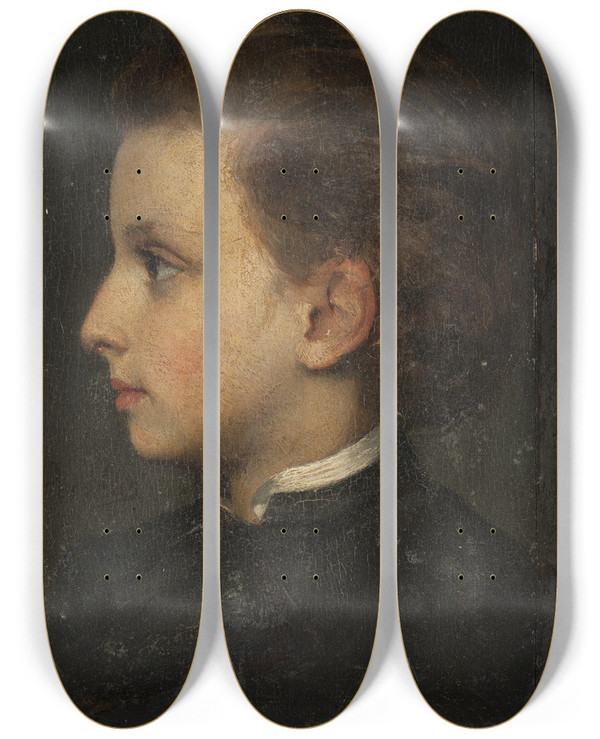 Triptych art skateboard deck of Edvard Persus Boy In Profile Study by Edvard Perseus (1841-1890)