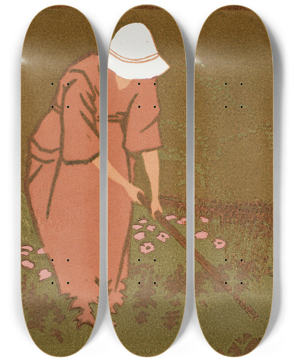 Triptych art skateboard deck of Eric O W Ehrstrm In The Garden by Eric O W Ehrstrom (1881-1934)