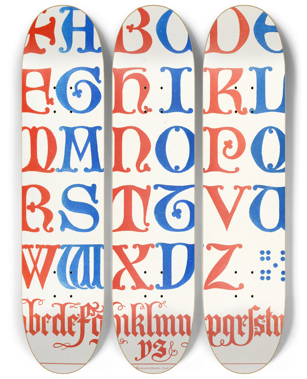 Triptych art skateboard deck of Augustus Pugin Alphabets by Augustus Pugin (1812-1852)